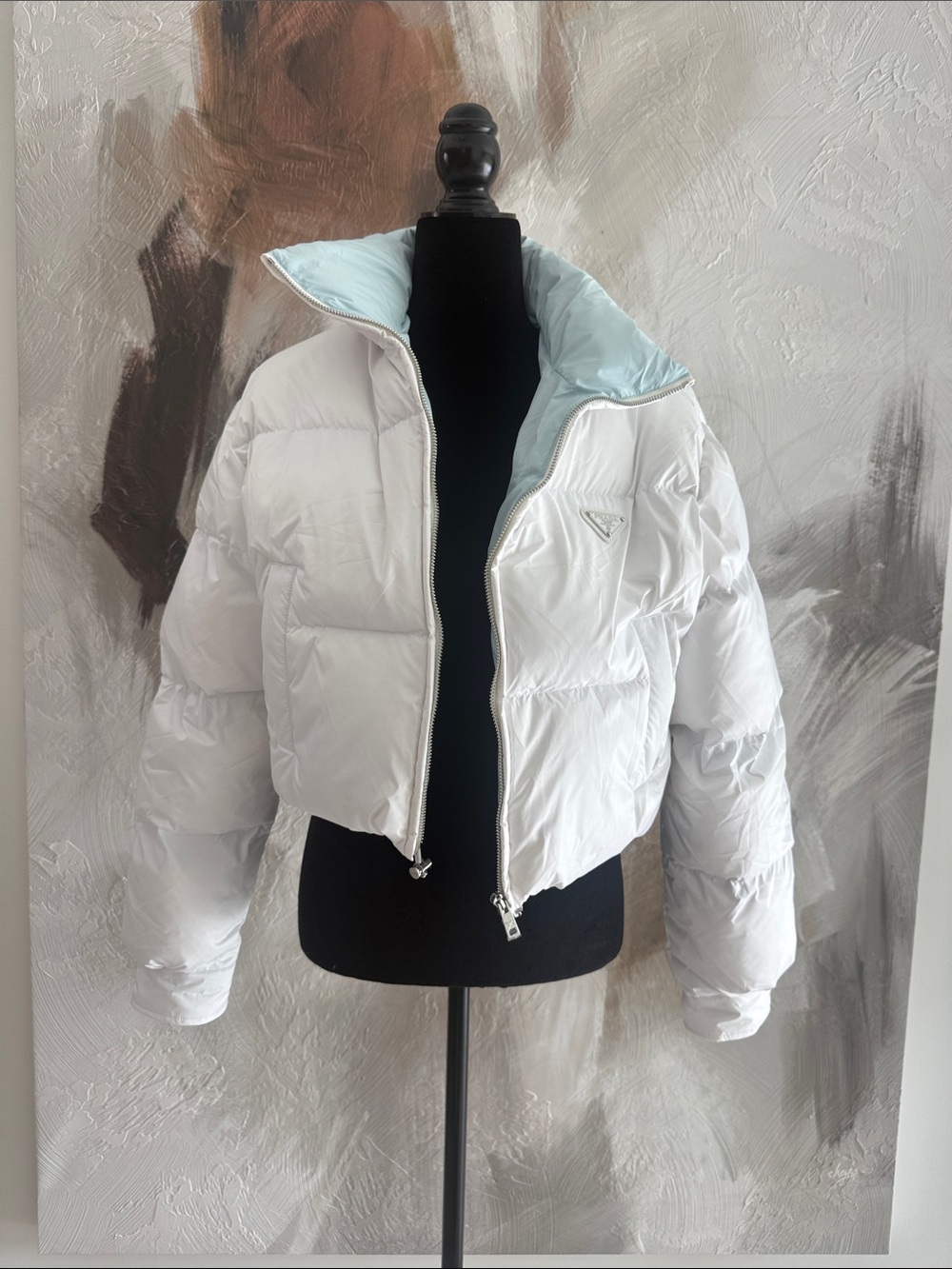 Prada White Cropped Puffer Jacket with Light Blue Lining